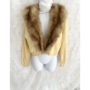 VTG 50s Women’s M 100% Cashmere Yellow Cardigan Sweater Mink FUR Collar Jeweled